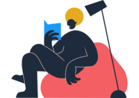 Illustrasjon av sittende figur med bok i hånden