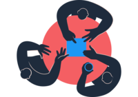 Illustrasjon av tre personer som sitter rundt et bord og samarbeider