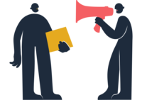 Illustrasjon av en person som snakker inn i en megafon rett mot ansiktet til en annen person