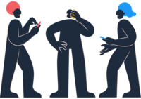 Illustrasjon av tre personer som holder på med hver sin mobil